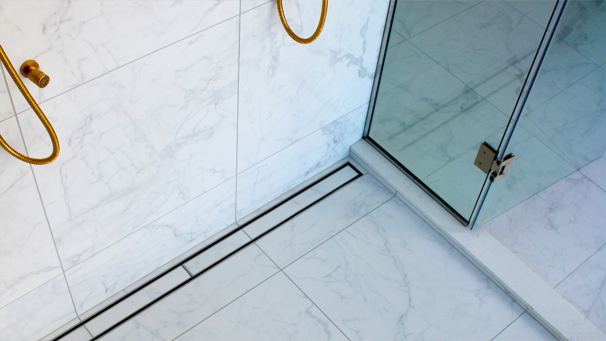 shower channel strip drain with tile insert grate and hob entry
